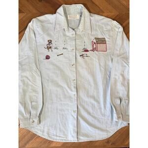 Vintage 90s Dog Embroidered Denim Chambray Shirt • Teachercore Novelty Top
